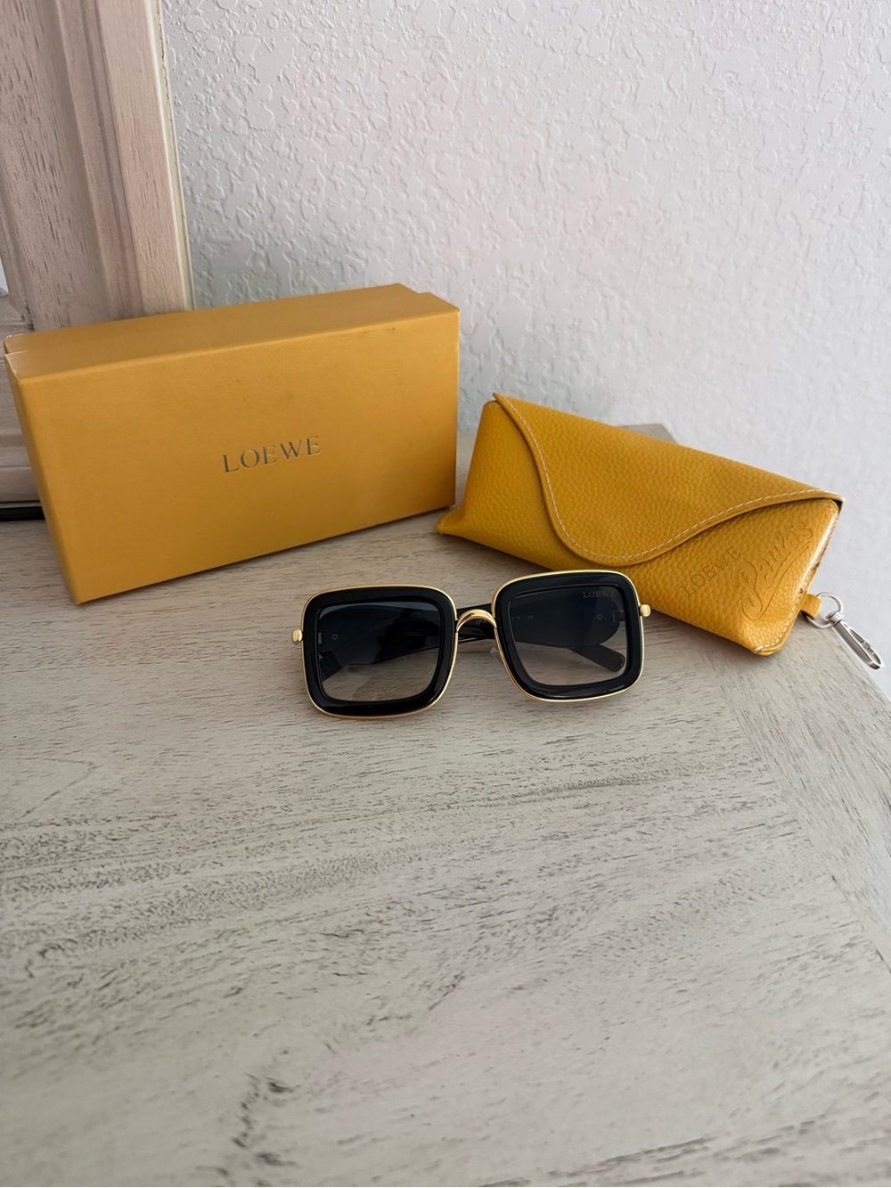 Loewe Black and Gold Square Sunglasses with Yellow Case